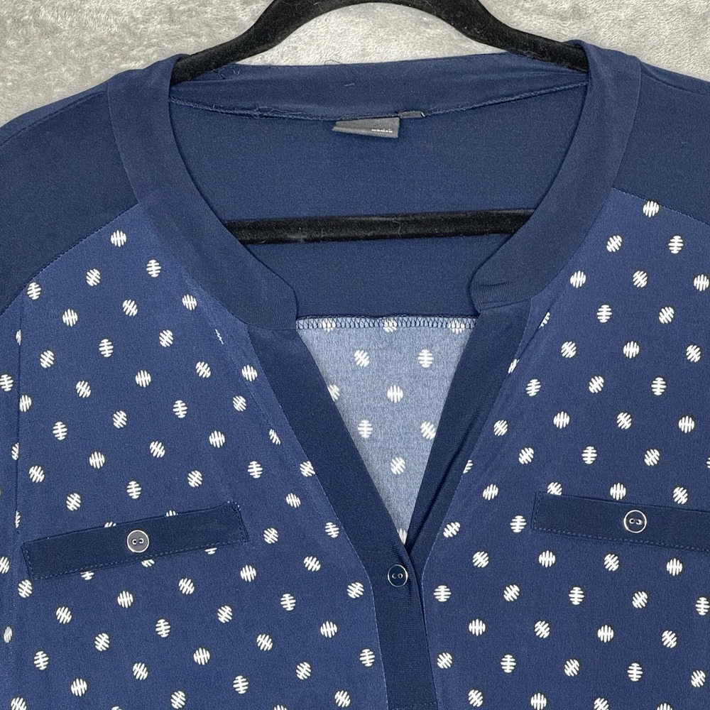 Elie McCarthy 2X Top Shirt Navy Blue Polka Dot Button Up  V Neck Short Sleeve - Picture 3 of 7